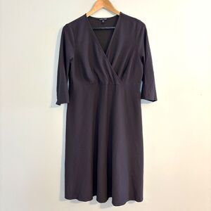 Eileen Fisher 100% Silk Gray Taupe Faux Wrap 3/4 Sleeve Swing Dress L Minimalist